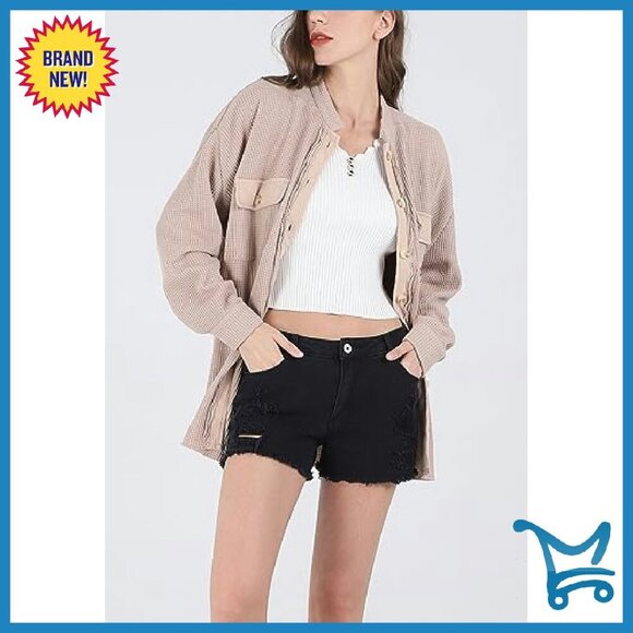 Loose Fit Batwing Sleeve Waffle Knit Button Down Shacket Top - Picture 3 of 7